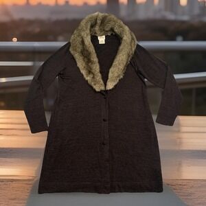 Ariat Sweater Womens Large Brown Western Faux Fur Collar Cardigan Lightweight